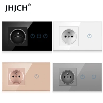 JHJCH dotykový snímač switch s francúzskou normou zásuvky sklenený panel 110~16A 250V 146*86 sieťovej zásuvky s spínač svetiel 1/2/3Gang 1W  5
