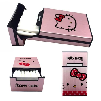Kawaii Hello Kitty Kovové Cigariet Prípade Automatické Flip Komiksu, Anime Hliníkovej Zliatiny Prenosná Taška pre 20Crude Tenké Cigarety  4