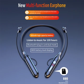 Kebidu 100 Hodín Vytrvalosť Bluetooth V5.0 Slúchadlá Stereo Bass Bezdrôtové Slúchadlá Neckband Power LED Displej Headset TF Karty  10