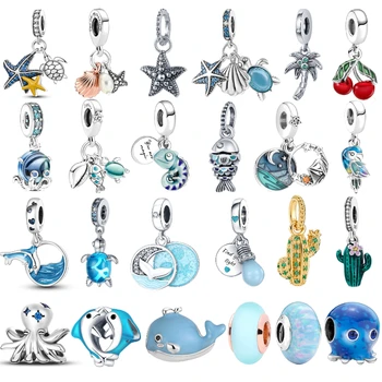 Ocean Charms 925 Sterling Silver Seashell Dolphin Morská víla Chvost Modrá Charms Fit Pandora Originálny Náramok DIY Módne Šperky  10