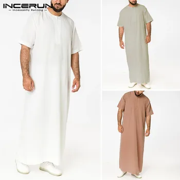 Saudská Štýl Zips Jubba Thobe INCERUN Mužov jednofarebné Šaty Človeka Vintage Krátky Rukáv O Krk Moslimských arabské Moslimské Oblečenie S-5XL  10
