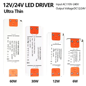 Ultratenké 6W 12W 30W 60W 110V 220V na 230V DC 12V 24V LED Transformátor Napájanie LED Ovládač, Adaptér, držiak na osvetlenie MR16  10