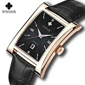 WWOOR Luxusné Zlaté Čierny Štvorec Sledovať Mužov Športové Business Pánske náramkové hodinky Quartz Kožené Nepremokavé Automatický Dátum Reloj Hombre  10