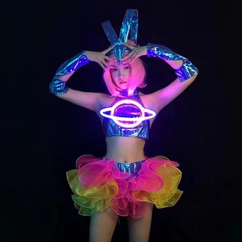 Ženy Sexy Gogo Dance Kostým LED UFO Svetlo nočný klub Otváracie Zobraziť Tanečník Oblečenie Dj Ds Rave Festival Oblečenie Clubwear VDB5906  10